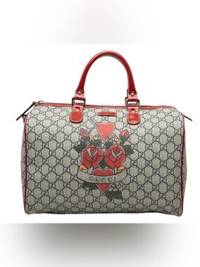 Gucci Medium GG Supreme Joy Tattoo Heart Boston Bag Gray Red Gold Hardware